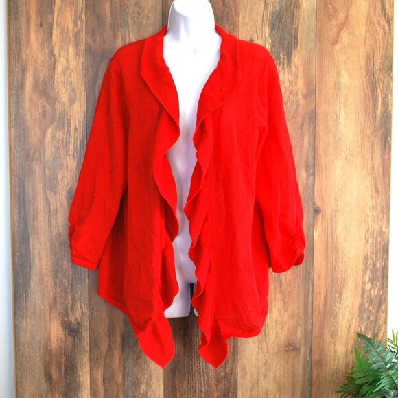 Chico's Sweaters - Chico's Red Ruffle Open Front Cardigan Sweater Cotton Lightweight 3/XL/16